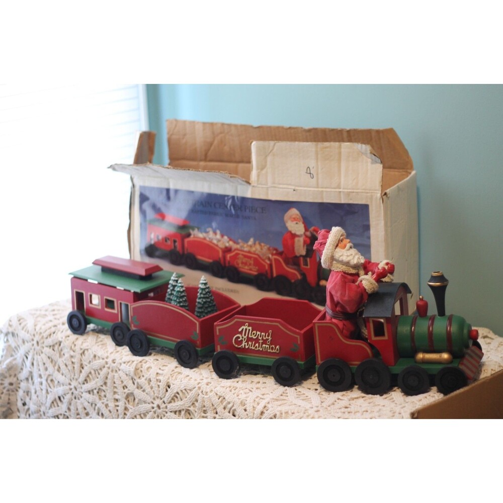 Large Wooden Santa Christmas Train Locomotive With Three Cars